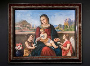 MADONNA MIT KIND, JOHANNESKNABE UND EIN ENGEL - Öl auf Leinwand, signiert und datiert 1938 des tschechischen akademischen Malers Josef Vyjídácek (frei nach der "Madonna Terranuova" von Raffael)